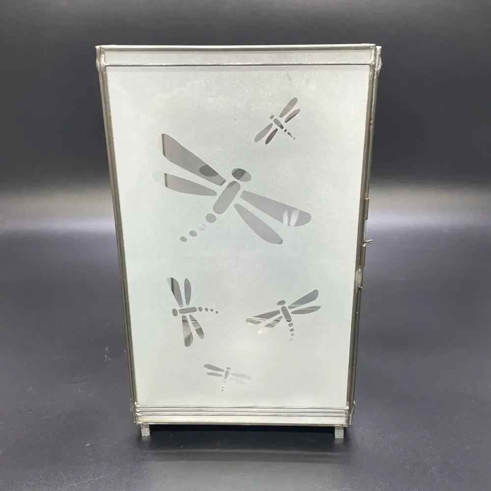 HTF Dragonfly Lantern Frosted Glass With Metal Edges Etched Design Candle Holder